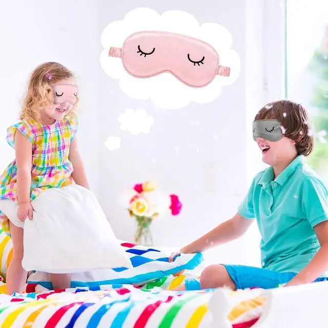 Alt view image 7 of 7 - 2 Pcs Cute Sleep Eye Mask for Kid Silk Sleep Eye Cover, 3-12 Years | Lightweight Cute Sleep Eyeshade,Elastic Band Adjustable, Satin Night with 2 Pcs Storage Bag, Soft Silk,Pink,Gray