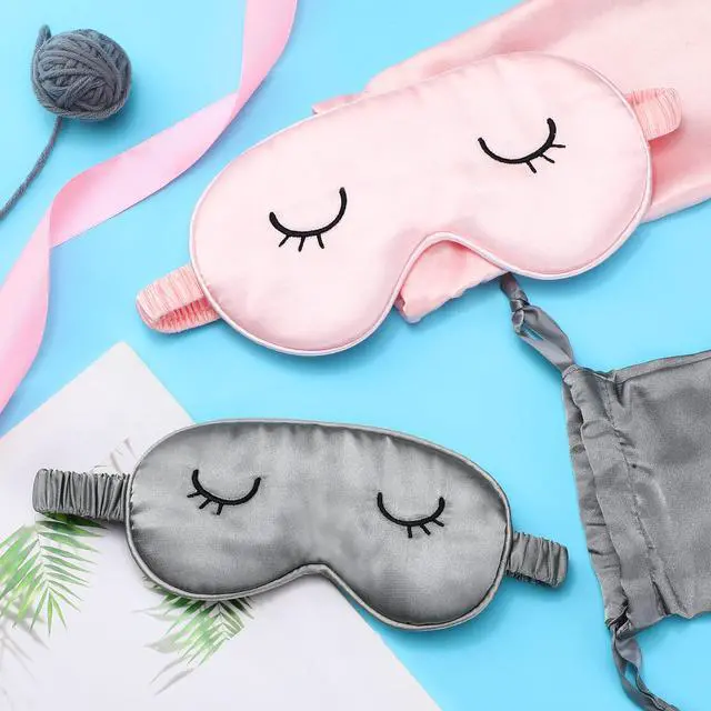 Alt view image 6 of 7 - 2 Pcs Cute Sleep Eye Mask for Kid Silk Sleep Eye Cover, 3-12 Years | Lightweight Cute Sleep Eyeshade,Elastic Band Adjustable, Satin Night with 2 Pcs Storage Bag, Soft Silk,Pink,Gray