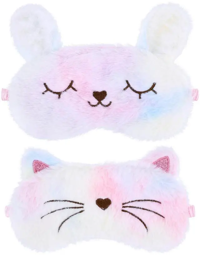 Main image of Plush Sleep Mask for Kids, Cute Rainbow Sleeping Eye Cover, 2 Pack | Cat Bunny Blindfold Masks, Soft Funny Sleepover Stuff, for Girls Kids Adult, Travel Nap