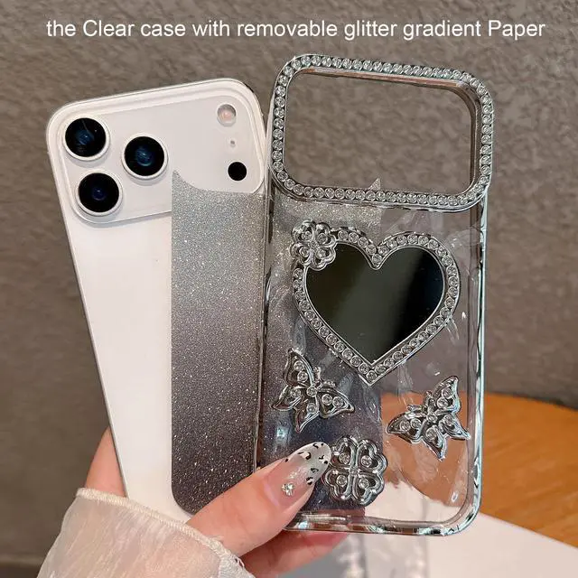 Alt view image 2 of 7 - Glitter Mirror Case for iPhone Air, Cute Girly Luxury Diamond Heart Makeup Mirror 3D Butterfly Bling Sparkly Rhinestones TPU Bumper Shockproof Women Girls Cover for iPhone 17 Air 6.5", Silver