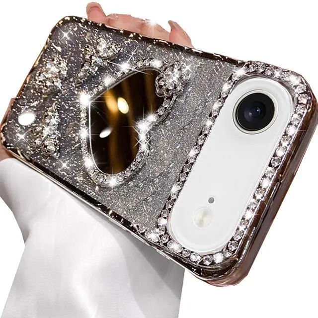 Main image of Glitter Mirror Case for iPhone Air, Cute Girly Luxury Diamond Heart Makeup Mirror 3D Butterfly Bling Sparkly Rhinestones TPU Bumper Shockproof Women Girls Cover for iPhone 17 Air 6.5", Silver