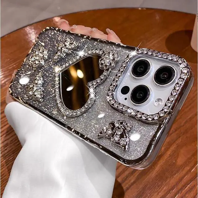 Alt view image 4 of 7 - Glitter Mirror Case for iPhone Air, Cute Girly Luxury Diamond Heart Makeup Mirror 3D Butterfly Bling Sparkly Rhinestones TPU Bumper Shockproof Women Girls Cover for iPhone 17 Air 6.5", Silver