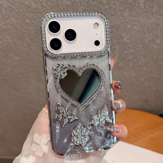 Alt view image 5 of 7 - Glitter Mirror Case for iPhone Air, Cute Girly Luxury Diamond Heart Makeup Mirror 3D Butterfly Bling Sparkly Rhinestones TPU Bumper Shockproof Women Girls Cover for iPhone 17 Air 6.5", Silver