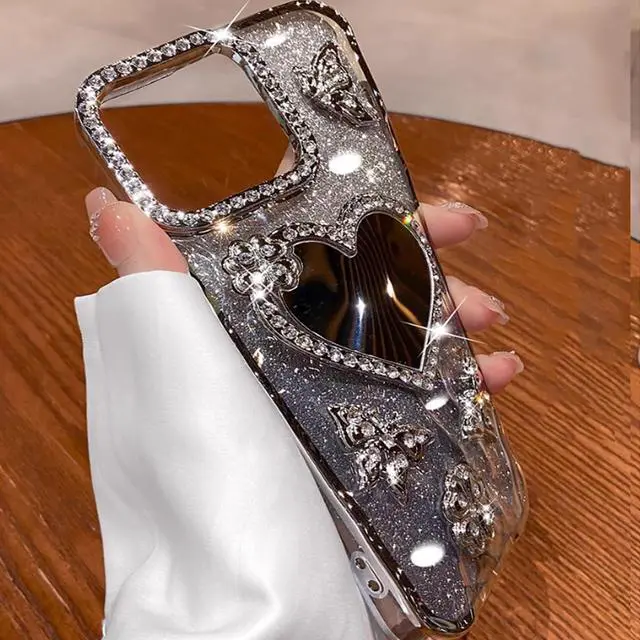 Alt view image 6 of 7 - Glitter Mirror Case for iPhone Air, Cute Girly Luxury Diamond Heart Makeup Mirror 3D Butterfly Bling Sparkly Rhinestones TPU Bumper Shockproof Women Girls Cover for iPhone 17 Air 6.5", Silver