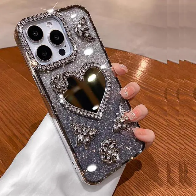 Alt view image 7 of 7 - Glitter Mirror Case for iPhone Air, Cute Girly Luxury Diamond Heart Makeup Mirror 3D Butterfly Bling Sparkly Rhinestones TPU Bumper Shockproof Women Girls Cover for iPhone 17 Air 6.5", Silver