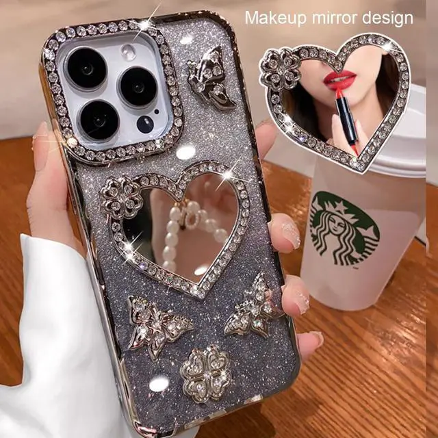 Alt view image 3 of 7 - Glitter Mirror Case for iPhone Air, Cute Girly Luxury Diamond Heart Makeup Mirror 3D Butterfly Bling Sparkly Rhinestones TPU Bumper Shockproof Women Girls Cover for iPhone 17 Air 6.5", Silver
