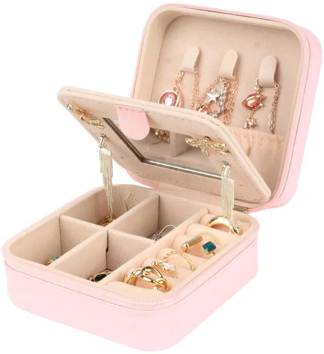 Main image of Travel Jewelry Case,Small Jewelry Box Organizer with Mirror,3.9x3.9In,Pink