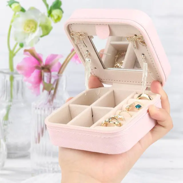 Alt view image 2 of 7 - Travel Jewelry Case,Small Jewelry Box Organizer with Mirror,3.9x3.9In,Pink