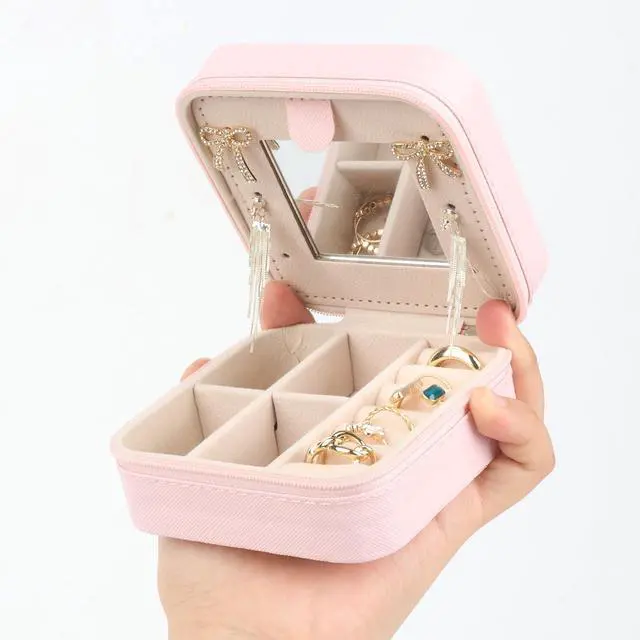 Alt view image 4 of 7 - Travel Jewelry Case,Small Jewelry Box Organizer with Mirror,3.9x3.9In,Pink