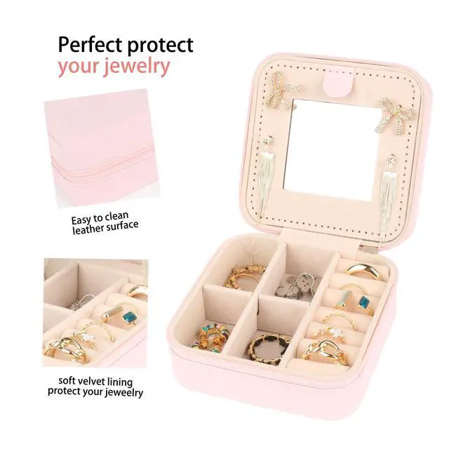 Alt view image 5 of 7 - Travel Jewelry Case,Small Jewelry Box Organizer with Mirror,3.9x3.9In,Pink