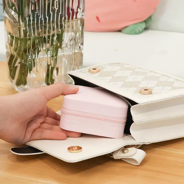 Alt view image 7 of 7 - Travel Jewelry Case,Small Jewelry Box Organizer with Mirror,3.9x3.9In,Pink