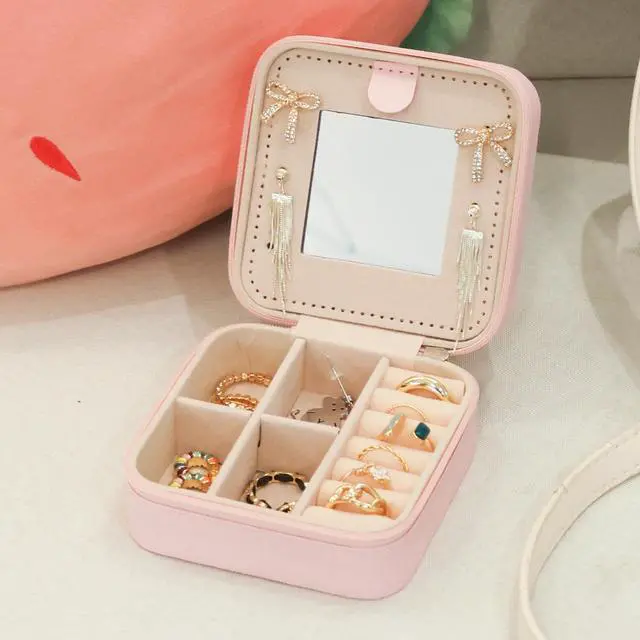 Alt view image 6 of 7 - Travel Jewelry Case,Small Jewelry Box Organizer with Mirror,3.9x3.9In,Pink