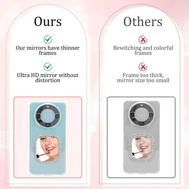 Alt view image 3 of 7 - Phone Mirror Stick On, Square Phone Mirror with Adhesive Tape for Phones Case Silver Zinc Alloy Frame Bling Mirrors Decal Cellphone Stick-On Mirrors Smartphone Charm for Phones Back