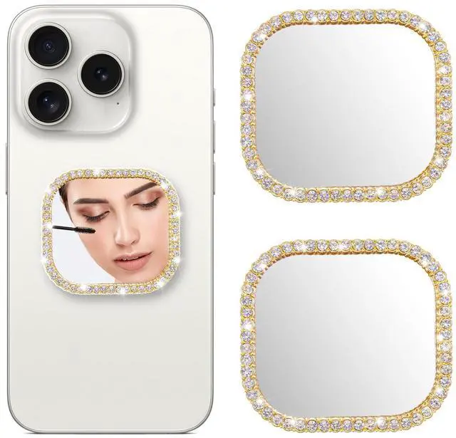 Main image of 2Pcs Mirror Phone Case, Square Phone Mirrors, Cellphone Stick-On Mirror with Adhesive Tape, Cases Mirrors with Gold Zinc Alloy Frame, for Back