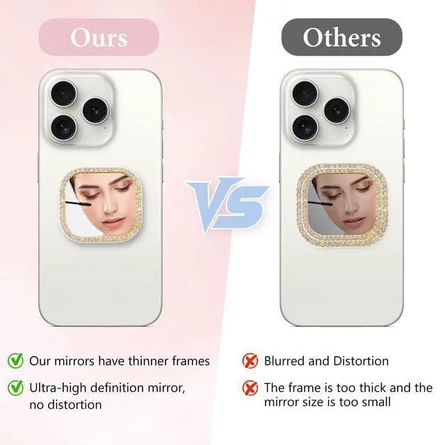 Alt view image 3 of 7 - 2Pcs Mirror Phone Case, Square Phone Mirrors, Cellphone Stick-On Mirror with Adhesive Tape, Cases Mirrors with Gold Zinc Alloy Frame, for Back