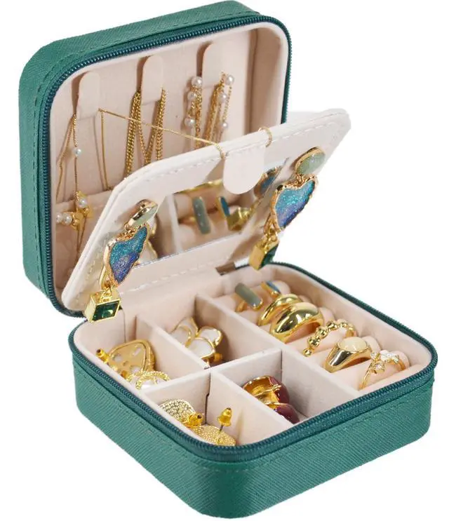 Alt view image 2 of 7 - Travel Jewelry Case Box Organizer with Mirror, Jewelry Storage,Green,1 Pcs