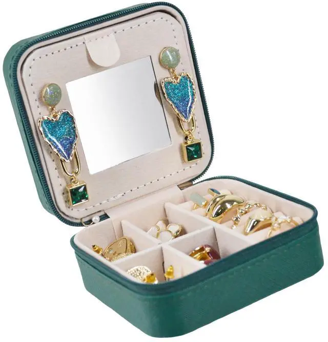 Main image of Travel Jewelry Case Box Organizer with Mirror, Jewelry Storage,Green,1 Pcs