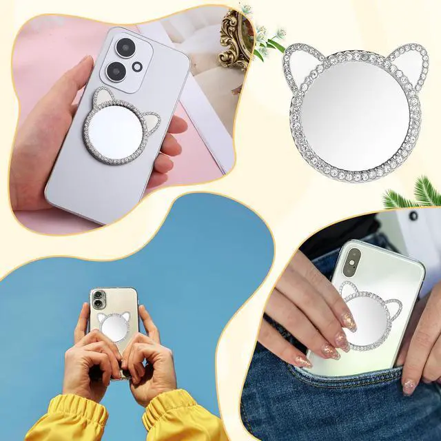 Alt view image 2 of 7 - Phone Stick-On Mirrors with Silver Zinc Alloy Frame 2.2'' Cat Ear Shape Phone Mirror Bling Smartphone Case Mirror Decal Adhesive Makeup Mirrors for Cellphone Back(Remove Protective Film)