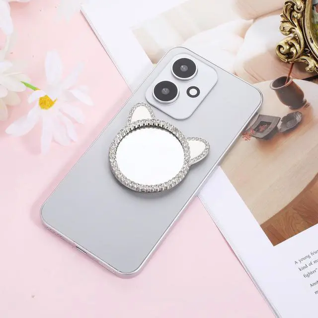 Alt view image 4 of 7 - Phone Stick-On Mirrors with Silver Zinc Alloy Frame 2.2'' Cat Ear Shape Phone Mirror Bling Smartphone Case Mirror Decal Adhesive Makeup Mirrors for Cellphone Back(Remove Protective Film)