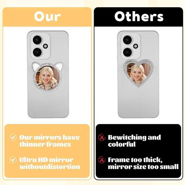 Alt view image 5 of 7 - Phone Stick-On Mirrors with Silver Zinc Alloy Frame 2.2'' Cat Ear Shape Phone Mirror Bling Smartphone Case Mirror Decal Adhesive Makeup Mirrors for Cellphone Back(Remove Protective Film)