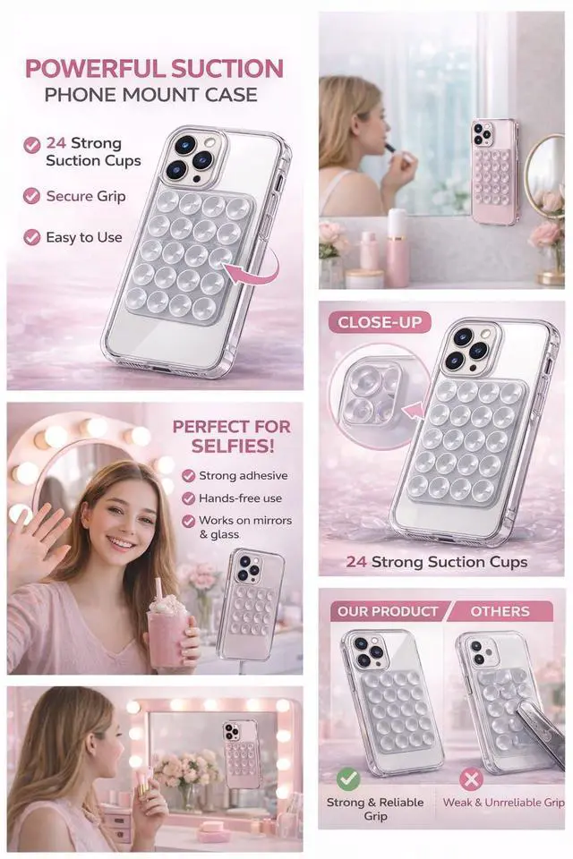 Alt view image 3 of 7 - Suction Phone Mount with 24 Strong Suction Cups, Adhesive Phone Holder for Mirror & Glass, Hands Free Phone Grip for Filming, Silicone Suction Cup Mount for iPhone & Android, Strong Stick Case Mount