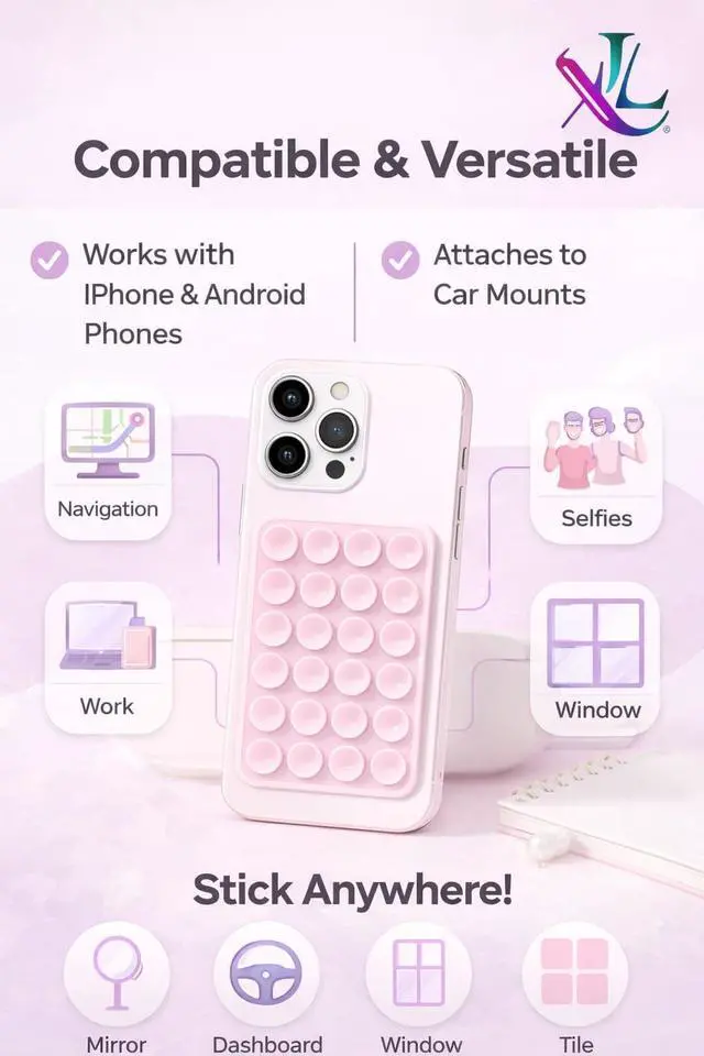 Alt view image 7 of 7 - Suction Phone Mount with 24 Strong Suction Cups, Adhesive Phone Holder for Mirror & Glass, Hands Free Phone Grip for Filming, Silicone Suction Cup Mount for iPhone & Android, Strong Stick Case Mount
