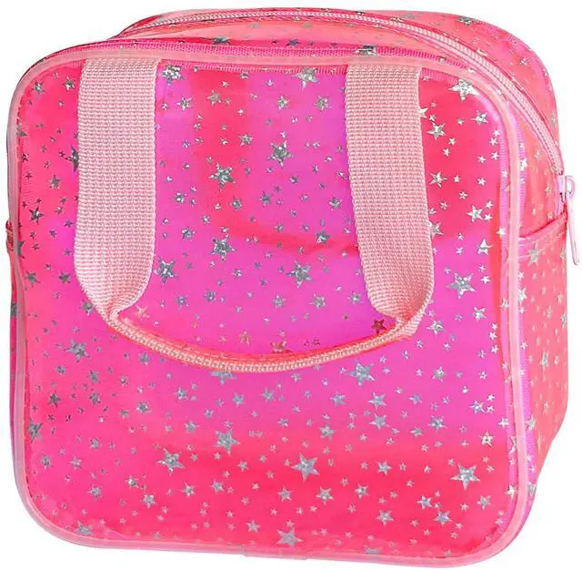 Main image of Pink Star Pattern PVC Cosmetic Bag 7.09x3.15x7.09'', Waterproof clear makeup bags with zipper and handle, Travel large plastic cosmetic bag for Daily & Travel Use