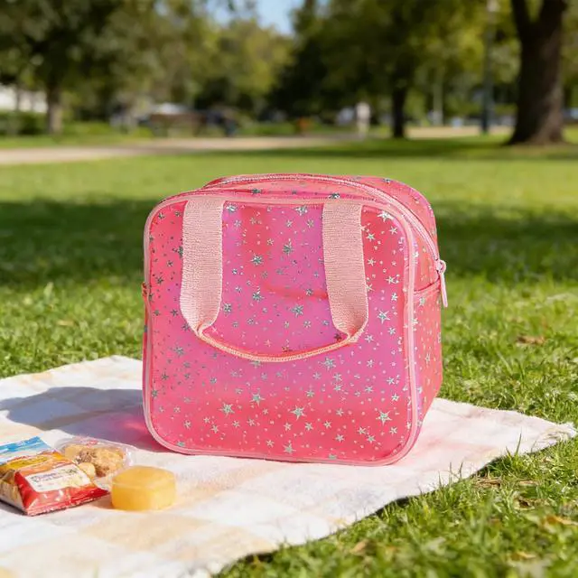 Alt view image 2 of 6 - Pink Star Pattern PVC Cosmetic Bag 7.09x3.15x7.09'', Waterproof clear makeup bags with zipper and handle, Travel large plastic cosmetic bag for Daily & Travel Use