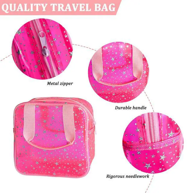 Alt view image 4 of 6 - Pink Star Pattern PVC Cosmetic Bag 7.09x3.15x7.09'', Waterproof clear makeup bags with zipper and handle, Travel large plastic cosmetic bag for Daily & Travel Use