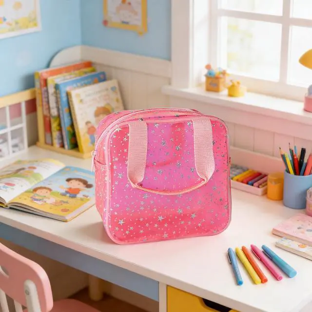 Alt view image 5 of 6 - Pink Star Pattern PVC Cosmetic Bag 7.09x3.15x7.09'', Waterproof clear makeup bags with zipper and handle, Travel large plastic cosmetic bag for Daily & Travel Use