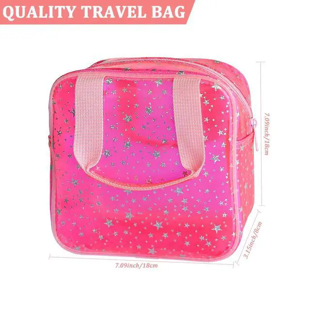 Alt view image 3 of 6 - Pink Star Pattern PVC Cosmetic Bag 7.09x3.15x7.09'', Waterproof clear makeup bags with zipper and handle, Travel large plastic cosmetic bag for Daily & Travel Use