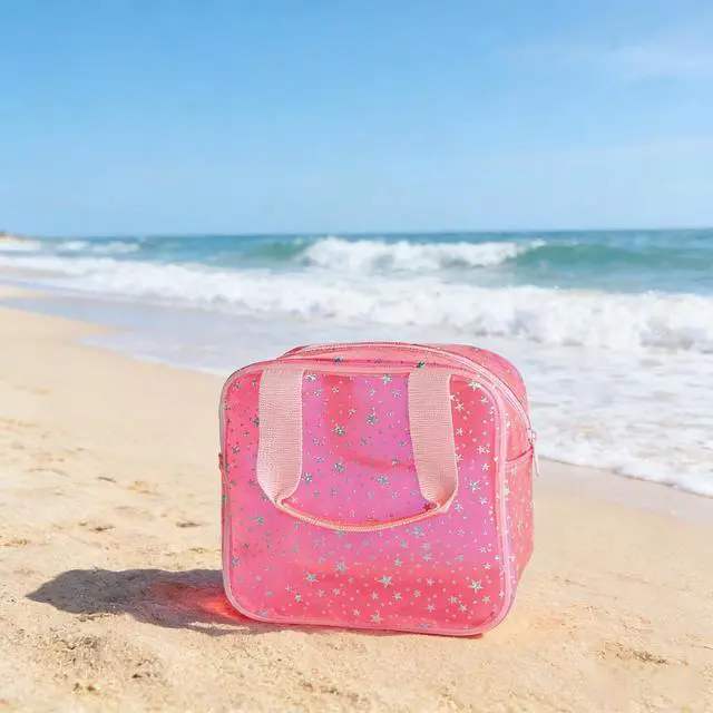 Alt view image 6 of 6 - Pink Star Pattern PVC Cosmetic Bag 7.09x3.15x7.09'', Waterproof clear makeup bags with zipper and handle, Travel large plastic cosmetic bag for Daily & Travel Use