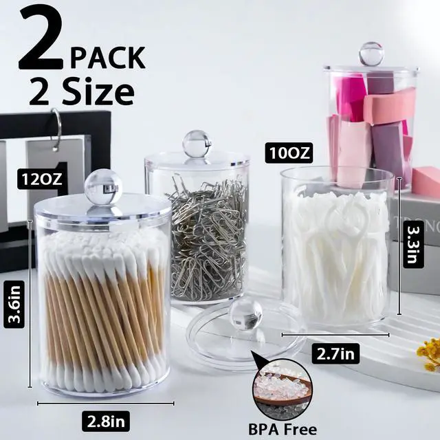 Alt view image 2 of 7 - 2 Pcs Acrylic Qtip Holder, Cotton Ball Holder Jars with Lids, Clear | Apothecary Jars for Cotton Swabs, Balls, Pads and Floss Picks, Bathroom Vanity Organizer