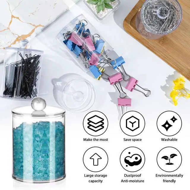 Alt view image 3 of 7 - 2 Pcs Acrylic Qtip Holder, Cotton Ball Holder Jars with Lids, Clear | Apothecary Jars for Cotton Swabs, Balls, Pads and Floss Picks, Bathroom Vanity Organizer