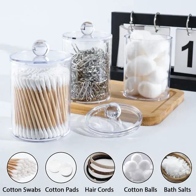 Alt view image 4 of 7 - 2 Pcs Acrylic Qtip Holder, Cotton Ball Holder Jars with Lids, Clear | Apothecary Jars for Cotton Swabs, Balls, Pads and Floss Picks, Bathroom Vanity Organizer