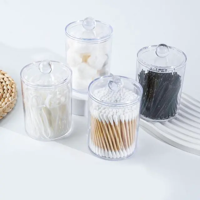 Alt view image 5 of 7 - 2 Pcs Acrylic Qtip Holder, Cotton Ball Holder Jars with Lids, Clear | Apothecary Jars for Cotton Swabs, Balls, Pads and Floss Picks, Bathroom Vanity Organizer