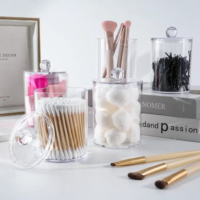 Alt view image 7 of 7 - 2 Pcs Acrylic Qtip Holder, Cotton Ball Holder Jars with Lids, Clear | Apothecary Jars for Cotton Swabs, Balls, Pads and Floss Picks, Bathroom Vanity Organizer