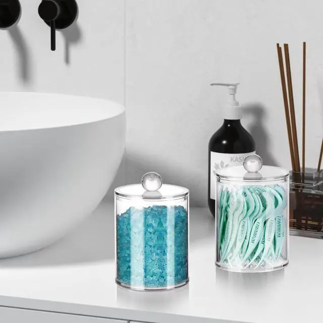 Alt view image 6 of 7 - 2 Pcs Acrylic Qtip Holder, Cotton Ball Holder Jars with Lids, Clear | Apothecary Jars for Cotton Swabs, Balls, Pads and Floss Picks, Bathroom Vanity Organizer