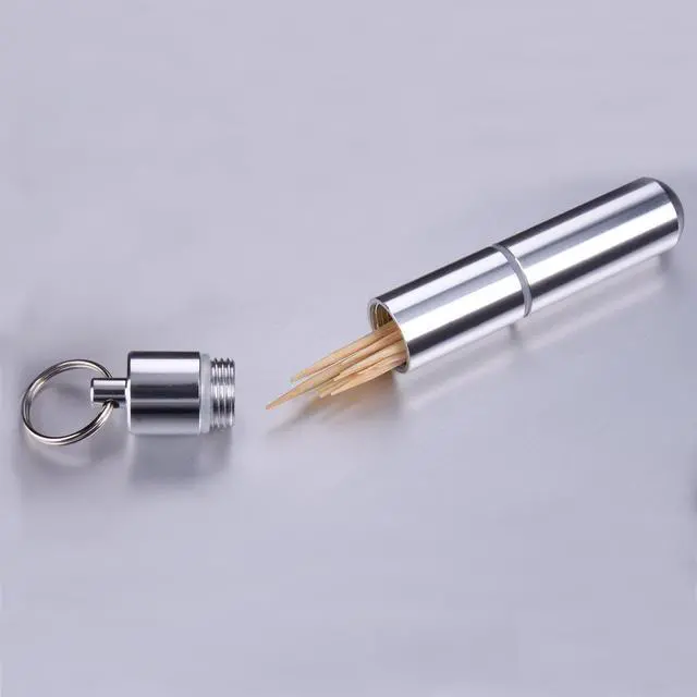 Alt view image 5 of 6 - Hotop Pocket Toothpick Holder Waterproof Aluminium Alloy Toothpick Box Metal Pill Case with Key Ring, 2.8 x 0.6 Inch
