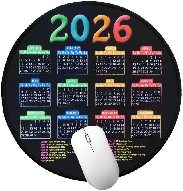 Main image of 2026 Calendar Mousepad, Mouse Pad with Stitched Edge | Round Pad, 7.7*7.7inches Computer Mouse Mat with Non-Slip Rubber Base