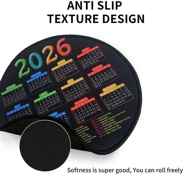 Alt view image 3 of 5 - 2026 Calendar Mousepad, Mouse Pad with Stitched Edge | Round Pad, 7.7*7.7inches Computer Mouse Mat with Non-Slip Rubber Base