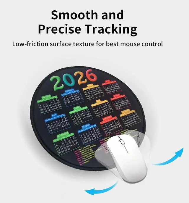 Alt view image 5 of 5 - 2026 Calendar Mousepad, Mouse Pad with Stitched Edge | Round Pad, 7.7*7.7inches Computer Mouse Mat with Non-Slip Rubber Base