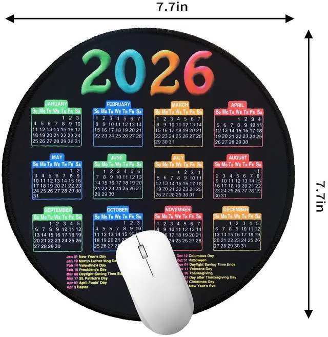 Alt view image 4 of 5 - 2026 Calendar Mousepad, Mouse Pad with Stitched Edge | Round Pad, 7.7*7.7inches Computer Mouse Mat with Non-Slip Rubber Base