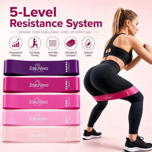 Alt view image 3 of 5 - 5-Pack Workout Resistance Bands: Elastic for Strength, Stretching, Pilates & Yoga. Home Gym Equipment for Men/Women, Suits Physical Therapy, Leg/glute/arm TrainingPractical, Multi-use. (Pink)