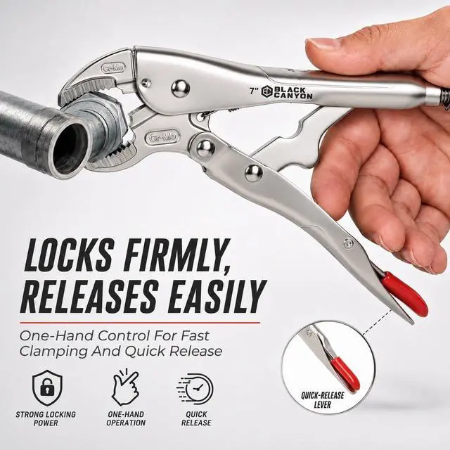 Alt view image 2 of 6 - 7-Inch Curved Jaw Locking Pliers, Cr-Mo Steel Locking Clamp with Nickel Coating, Adjustment Screw and Quick-Release Trigger for Automotive Repair, Plumbing and DIY