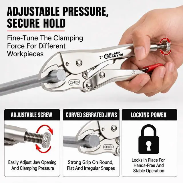 Alt view image 3 of 6 - 7-Inch Curved Jaw Locking Pliers, Cr-Mo Steel Locking Clamp with Nickel Coating, Adjustment Screw and Quick-Release Trigger for Automotive Repair, Plumbing and DIY