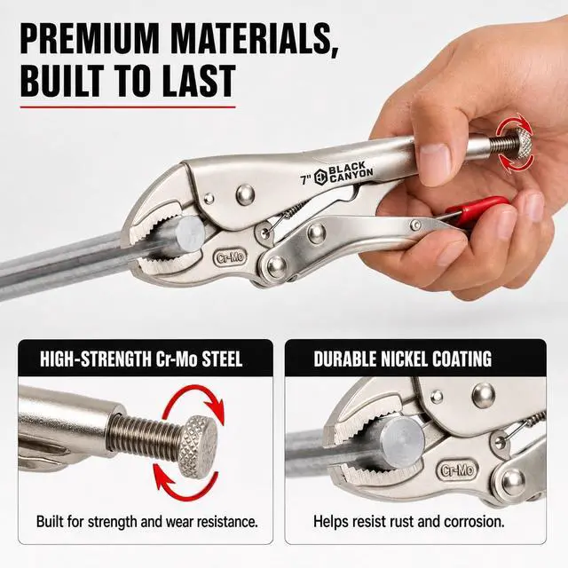 Alt view image 4 of 6 - 7-Inch Curved Jaw Locking Pliers, Cr-Mo Steel Locking Clamp with Nickel Coating, Adjustment Screw and Quick-Release Trigger for Automotive Repair, Plumbing and DIY