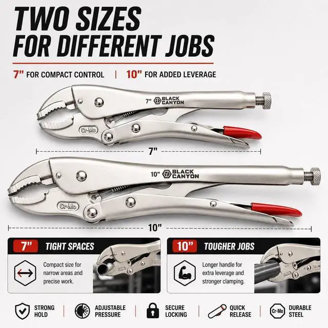 Alt view image 5 of 6 - 7-Inch Curved Jaw Locking Pliers, Cr-Mo Steel Locking Clamp with Nickel Coating, Adjustment Screw and Quick-Release Trigger for Automotive Repair, Plumbing and DIY
