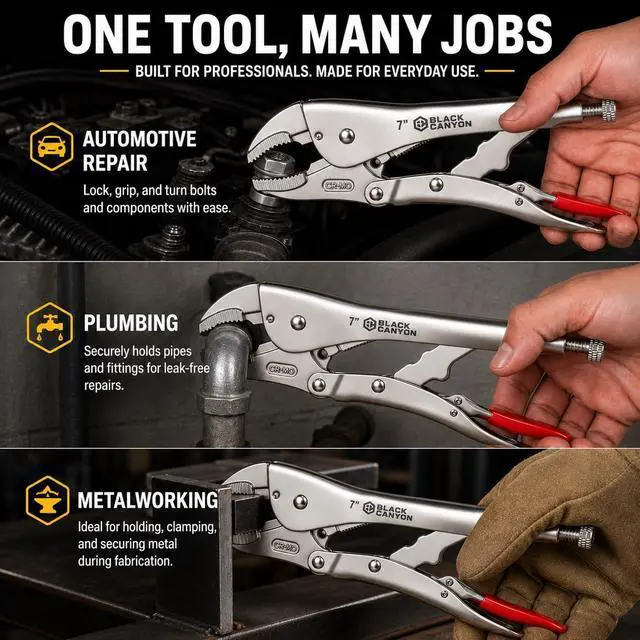 Alt view image 6 of 6 - 7-Inch Curved Jaw Locking Pliers, Cr-Mo Steel Locking Clamp with Nickel Coating, Adjustment Screw and Quick-Release Trigger for Automotive Repair, Plumbing and DIY