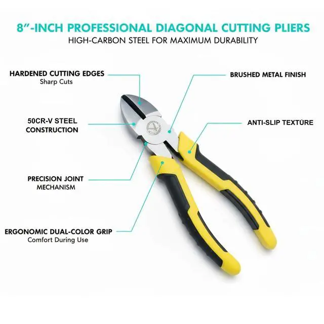 Alt view image 3 of 7 - 8-Inch Heavy Duty Diagonal Cutting Pliers, 50CrV Steel with 65HRC Hardened Cutting Edges, Bi-Material Anti-Slip Grip - Ideal for Electrical Wire, Cable & Metal Cutting